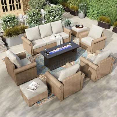 8 Pieces Patio Furniture Set, All Weather 9 Seats Outdoor Wicker Sofa with Ottomans, Rattan Patio Conversation Set