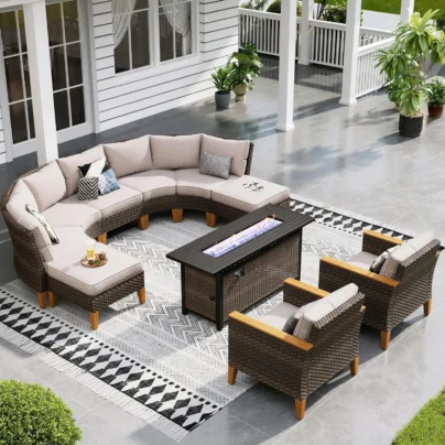 10-Piece Half Moon Wicker Sectional Sofa Set with 56" Fire Pit Table Outdoor Patio Furniture, Beige, Customized