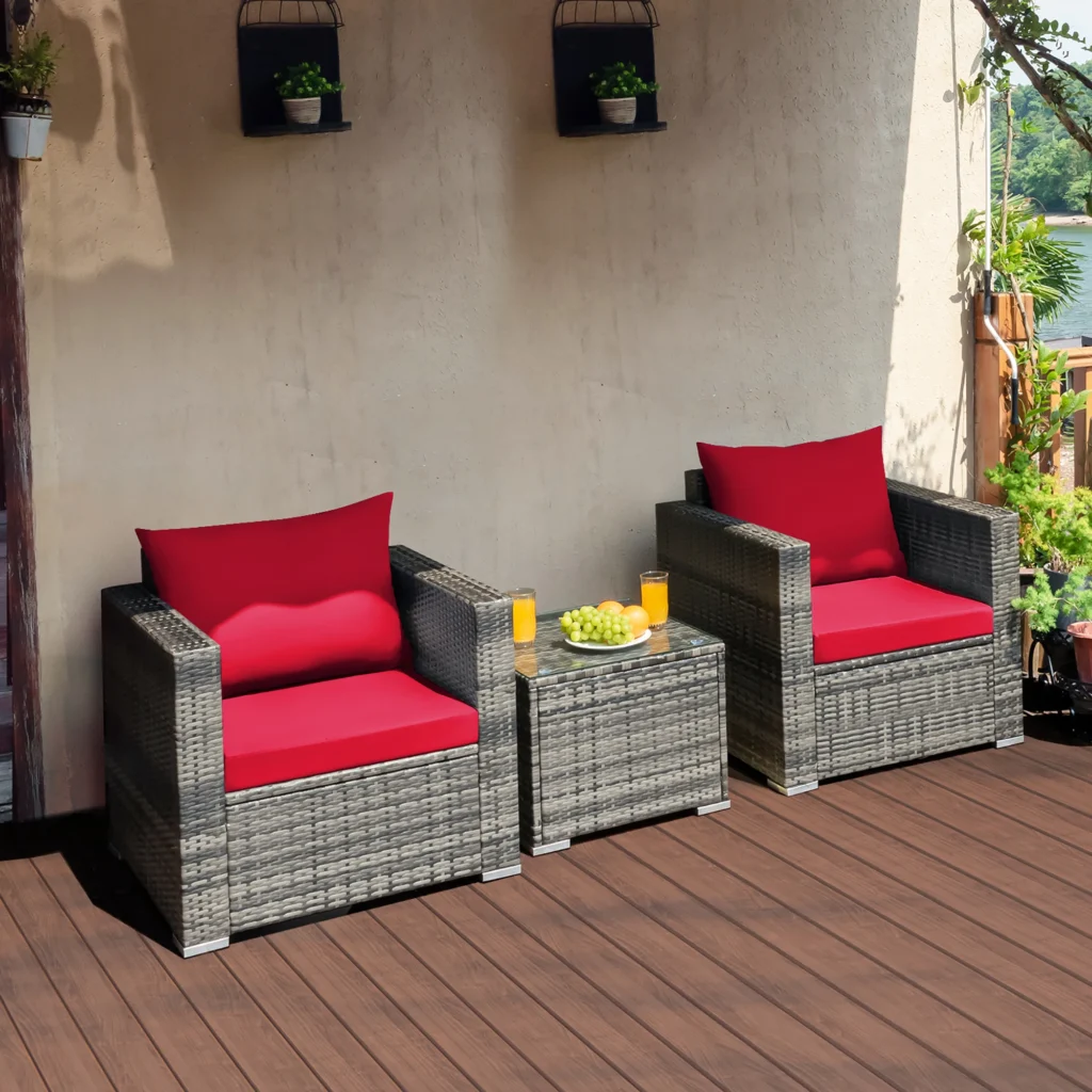 3 PC Patio Rattan Furniture Bistro Set Cushioned Sofa Chair Table Red
