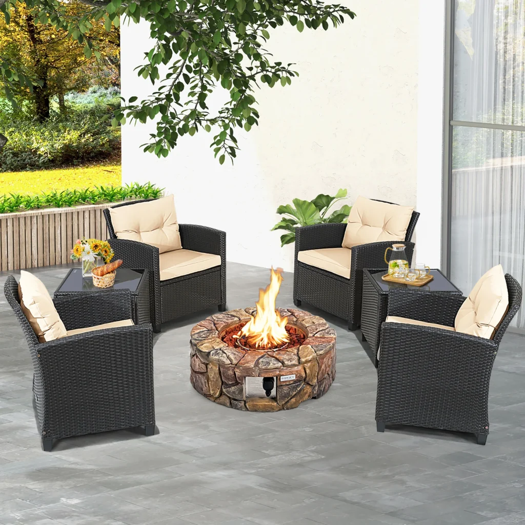 7PCS Patio Rattan Wicker Furniture Set Gas Fire Pit Table Sofa Cushion