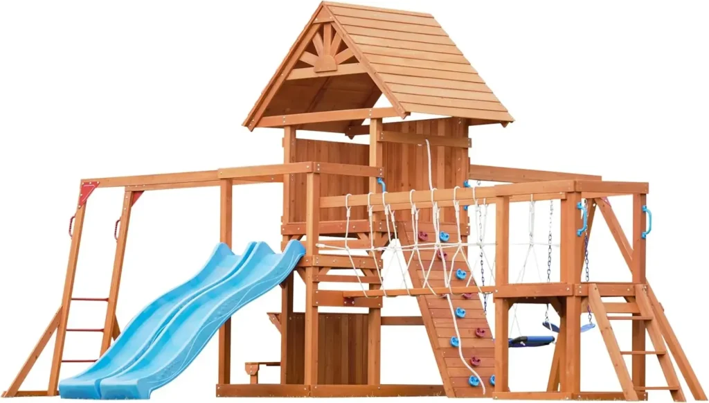 Swing Sets for Backyard with Plank Bridge, Wooden Playground Sets for Backyards with 2 Wave Slides, Monkey bar