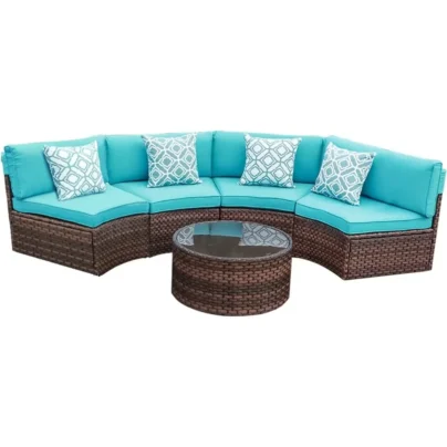 5 Piece Patio Furniture Set Half-Moon Outdoor All-Weather Wicker Sofa with Coffee Table