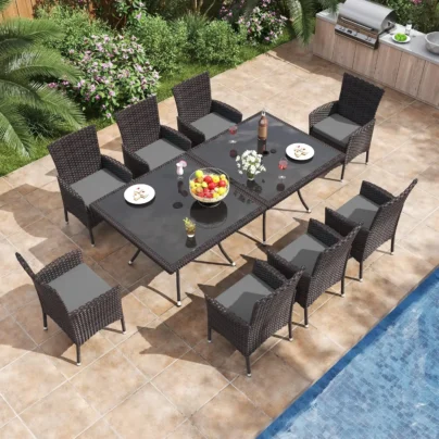 10 Piece Patio Dining Set All-Weather Wicker Outdoor Patio Furniture Set w/Tempered Glass Tabletop, Removable Cushions and Umbre