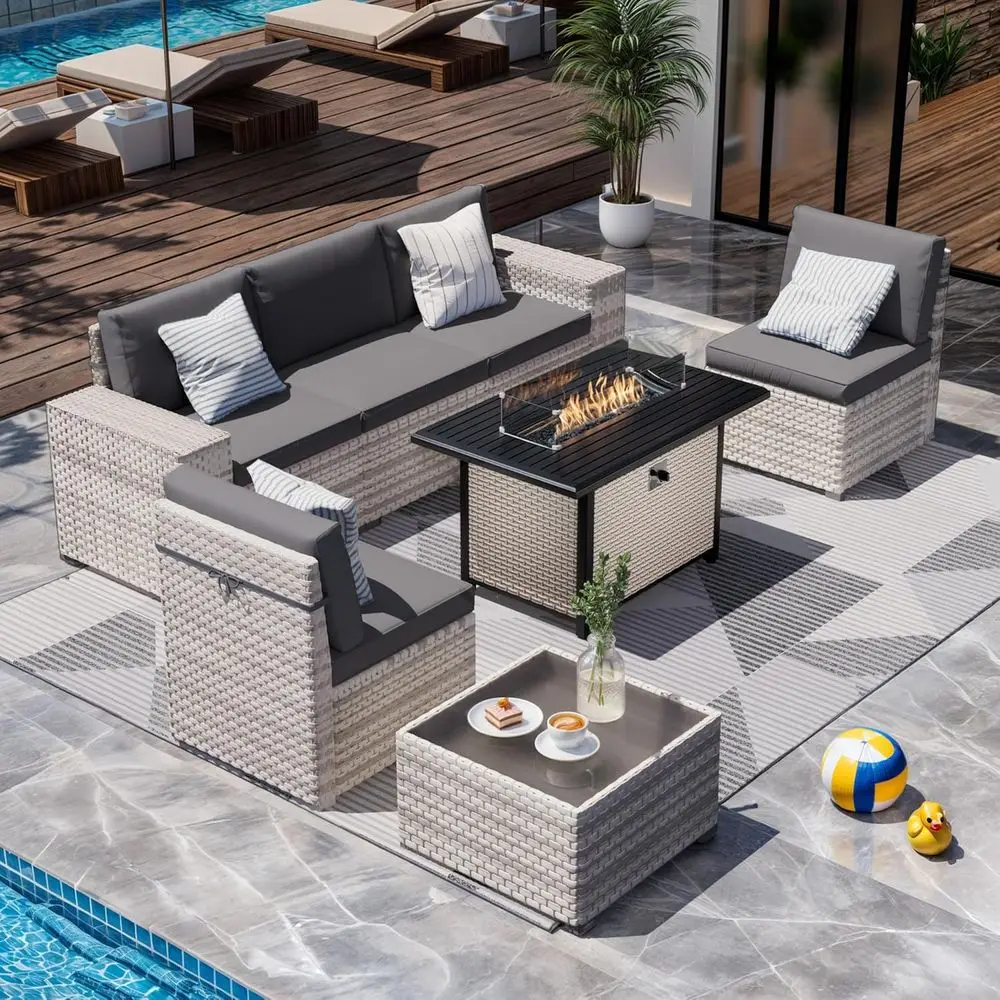 7-Piece Outdoor Wicker Sectional Set with Fire Pit Table for Patio, Garden, and Balcony (Light Gray)