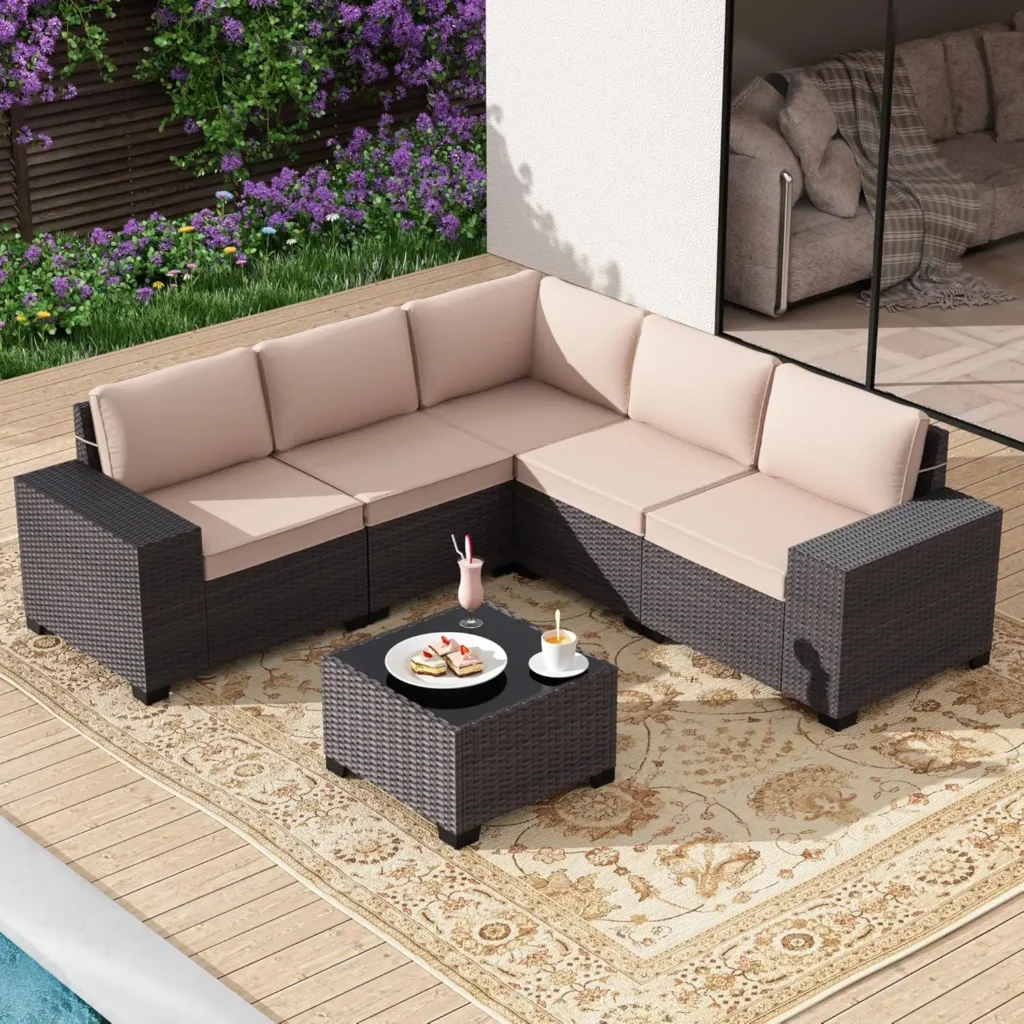 6-Piece Rattan Patio Furniture Set 5-Seater Outdoor Sectional with Wide Armrests 29.5” High Includes 1 Coffee Customizable