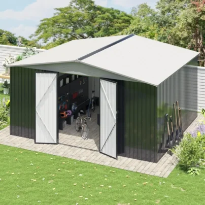 12x14 FT Outdoor Storage Shed, Garden Shed with Updated Frame Structure and Lockable Doors, Metal Tool Sheds for Backyard Garden